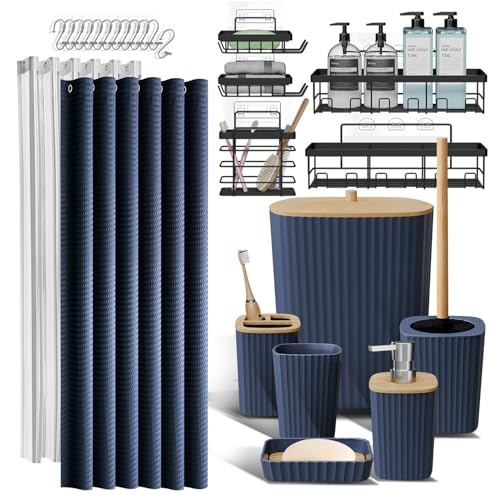 Clara Clark Bathroom Accessories Set - Bathroom Set with Adhesive Corner Shower Caddy Hanging, 25PC Bathroom Accessory Set, Navy Blue Shower Curtain Set, Toilet Brush, Trash Can & Soap Dispenser - color: Navy Blue, size: Complete Set + Shower Caddy
