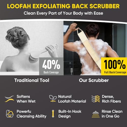 2 Pack Egyptian Loofah Back Scrubber for Shower, Natural Luffa Sponge with Handles, Exfoliating Shower Back Scrubber for Women and Men, Long Body Scrubber for Bathing - size: 1 Count (Pack of 2)