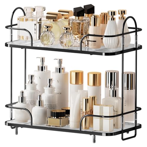 2 Tier Corner Bathroom Counter Organizer, Cosmetic Skincare Organizer, Bathroom Countertop Perfume Tray Vanity Organizer, Kitchen Spice Corner Storage Shelf - color: Black