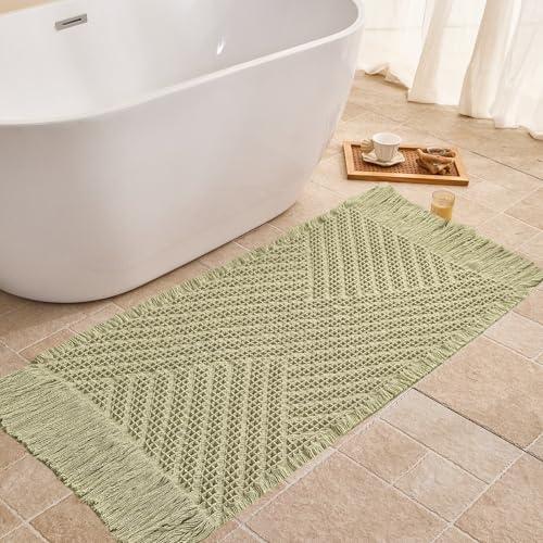 Waffle Bath Mat Non Slip, Boho Bathroom Rug, Super Absorbent Quick Dry Bathroom Mat, Soft Farmhouse Bath Rug with Tassels, Small Washable Shower Mats for Floor 24"x36", Tassels Sage Green - color: Tassels Sage Green, size: 2' x 3' (Rectangular)
