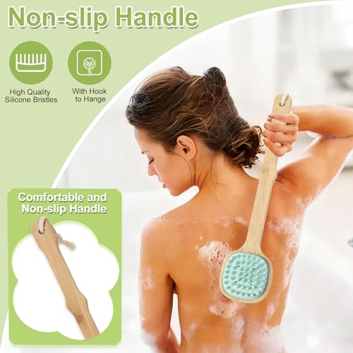 Silicone Back Scrubber for Shower, Silicone Bath Body Brush Loofah with Long Handle, Dual-Sided Shower Brush for Body, Lake Blue Exfoliating Body Scrubber for Men Women, Back Washer for Men with Hook - size: lake blue-1pcs