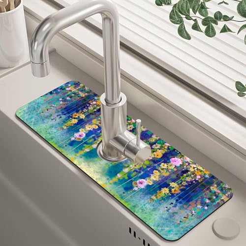 Abstract Watercolor Floral Kitchen Sink Splash Guard Mat Absorbent Fast Drying Mat Faucet Draining Mat Sink Splash Guard Behind Faucet Drip Catcher for Kitchen Bathroom 5.5"×15" - size: 5.5" x 15"