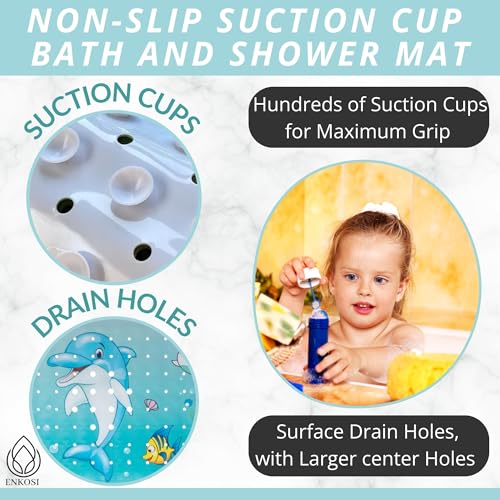 ENKOSI Bath Mat Long 40x16 – Non-Slip Bathtub Mat with Secure Suction Cups & Drain Holes with Fun Dolphin Design - Bathroom Shower Mat for Tub for Kids and Toddlers (Bath Dolphin) - color: Dolphin Print