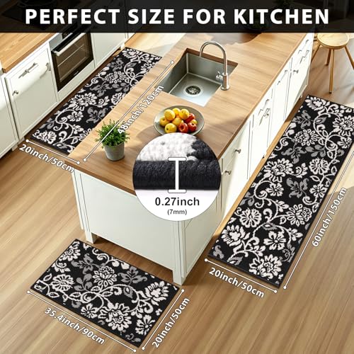 LOKHOM Boho Kitchen Rugs Sets of 3-Non Slip Stain Resistant Kitchen Mats for Floor, Paisley Floral Runner Carpet for Hallways Entryway Laundry Washable (Black & White 20"x32"+20"x48"+20"x59") - color: Black, size: 20"x32"+20"x48"+20"x59"