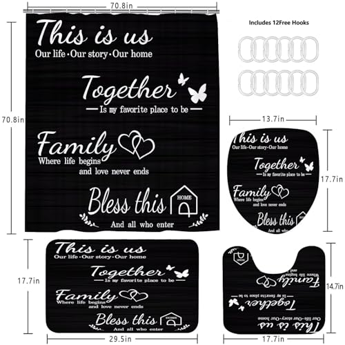 AZHM Family Shower Curtain Set Black Home Bathroom Set with Shower Curtain and Rugs and Accessories Bathroom Decor Curtain with 12 Hooks - color: Black