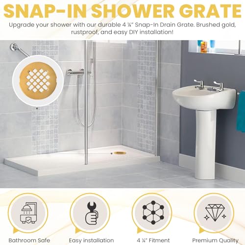 4 ¼” Brushed Gold Snap-in Shower Drain Cover - Gold Replacement - 4.25" OD Shower Drain Strainer - Easy Install - Premium Round Shower Drain Cover - Solid Brass Construction - color: Brushed Gold