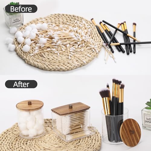 Tbestmax Qtips Dispenser Bathroom Container, 10/12 oz Big Cotton Ball Holder, Apothecary Jar Organizer for Storage Cotton Swab, Round Pads, Floss Picks (Brown Wood Lids) - color: 12oz&10oz Brown Wood