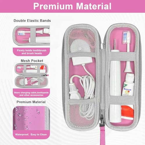 Travel Case for Oral-B/Oral-B Pro/Phlips Sonicare Electric Toothbrush with 2pcs Toothbrush Heads Cover Cap, Portable Hard Protective Storage Bag with Accessories Storage (Pink) - color: Pink Case and 2 Caps