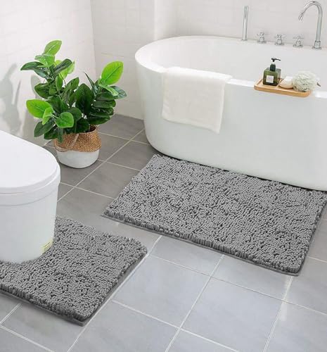 LuxUrux Soft Chenille Area Rug Set, 2 Piece Sets, U-Shape Contoured Toilet Base Mat & 31x20 Mat, Absorbent Washable Mats, Microfiber Dries Quickly, Bath Rugs for Tub, Light Grey. - color: Light Grey, size: 2 Piece Set
