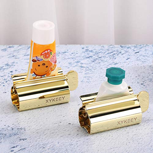 XYKEEY Toothpaste Tube Squeezer - Set of 2 Toothpaste Squeezer Rollers, Metal Toothpaste Tube Wringer Seat Holder Stand (Gold) - color: Gold