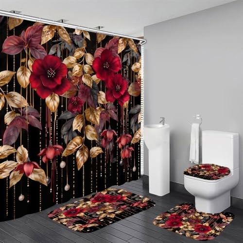 LQCOOL 4Pcs Red Flower Shower Curtain Set, Waterproof Bathroom Sets, Abstract Botanical Bathroom Sets with Shower Curtain and Rugs, Shower Curtain with 12 Hooks - color: Red Black