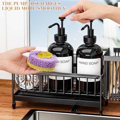 Kitchen Soap Dispenser Set with Sponge Holder and Towel Rack, 17OZ Glass Bottle, Hand and Dish Soap Dispenser Set, Non-Slip Silicone Pad, Brush Holder, Kitchen Sink Caddy Organizer Countertop (Black) - color: Black