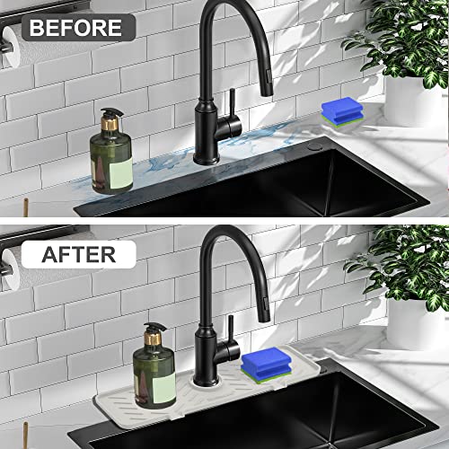 Silicone Faucet Mat for Kitchen Sink – Gen 2 Splash Guard with Upgraded Outlet & Slope – 18” x 5.1” Water Catcher & Sink Sponge Holder for Kitchen and Bathroom (Beige) - color: White, size: 18 in