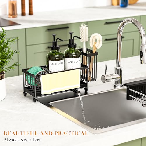 Kitchen Soap Dispenser Set with Sponge Holder and Towel Rack, 17OZ Glass Bottle, Hand and Dish Soap Dispenser Set, Non-Slip Silicone Pad, Brush Holder, Kitchen Sink Caddy Organizer Countertop (Green) - color: Green
