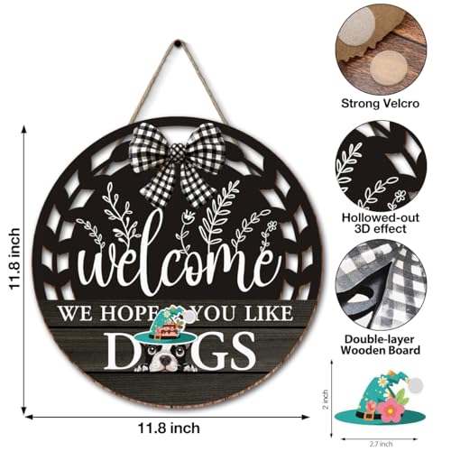 Interchangeable Seasonal Welcome Hanging Sign - Farmhouse Front Door Decoration for Holidays - Rustic Round Wood Wreaths with 12 Icons – Welcome Dog Lover(Black) - color: dogsblack