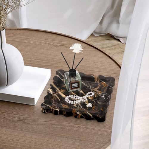 Square Marble Decorative Tray with Scalloped Edge,Luxury Natural Stone Bathroom Vanity Tray, Dresser Top Perfume Coffee Home Kitchen Toilet Sink Tray, Key Trinket Ring (Black Gold, 8 * 8) - color: Black Gold, size: 8" x 8" x 0.8"