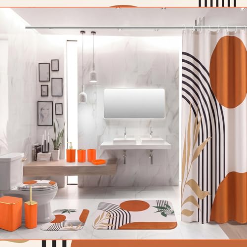 Patelai 10 Pcs Boho Mid Century Bathroom Accessories Set Orange Shower Curtain and Rugs Modern Minimalist Farmhouse Bathroom Decor Trash Can Soap Dish Toilet Lid Cover Toothbrush Holder Cup for Home - color: Orange, style: Boho