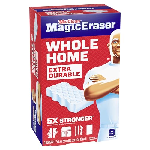 Mr. Clean Magic Eraser Sponge, All Purpose Cleaner, Cleaning Scrubber, Wall, Sneaker, Kitchen, Bathroom, Shower Cleaner, Cleaning Supplies, Melamine Sponge, Cleaning Pads, Extra Durable, 9ct - size: 9 Count (Pack of 1), style: Upgraded Version
