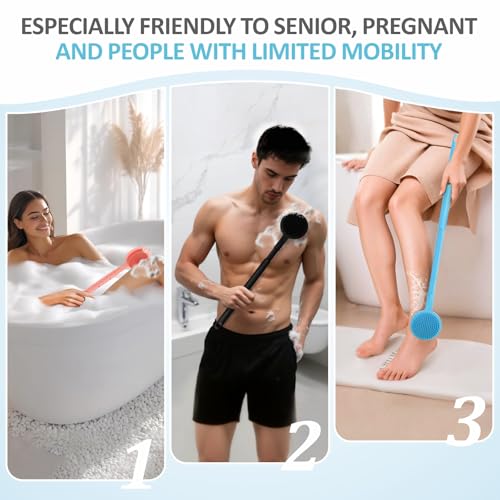 Silicone Back/Face Scrubber & Soft Bath Glove 3PCS, 16''- 24'' Extendable Shower Back Scrubber, 360° Anti-Slip & Hand-fit Silicone Body Scrubber, Manual Face Brush for All-Round Cleaning(Blue) - color: Blue*3