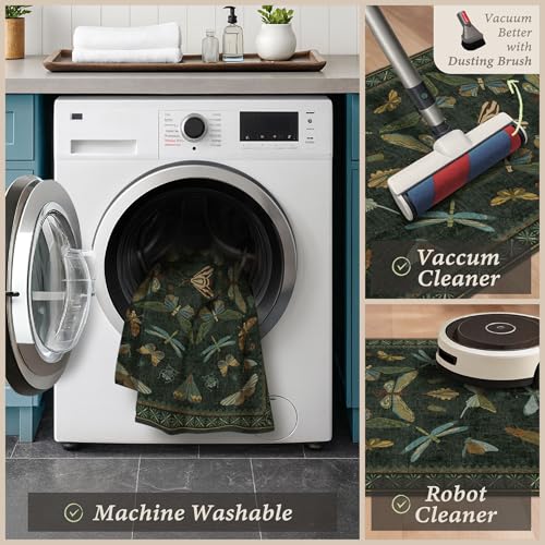 JTJ Botanical Insect Kitchen Rug Set of 3, Dark Green Nature Inspired Floor Mats with Non-Slip Backing, Washable Low Pile Runner for Sink and Stove - color: Insect - Dark Green