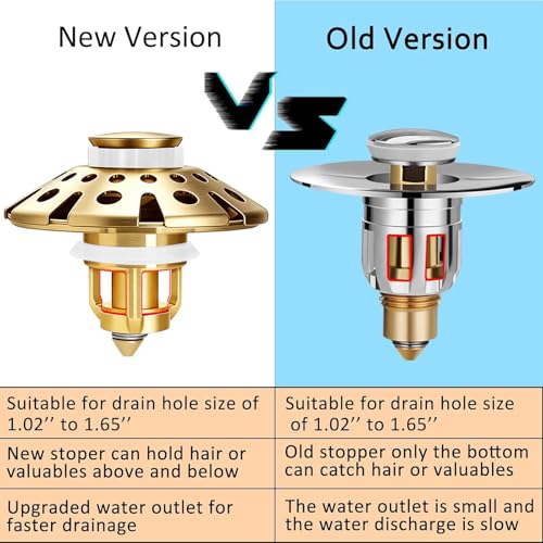 AzWzz Bathroom Sink Drain Strainer, 3 in 1 Pop Up Bathroom Sink Stopper Plug with Hair Catcher Cover, Universal for 1.06 in to 1.6 in Sink Drain, Brushed Gold - color: Brushed Gold, style: Bathroom Sink Stopper with Hair Catcher