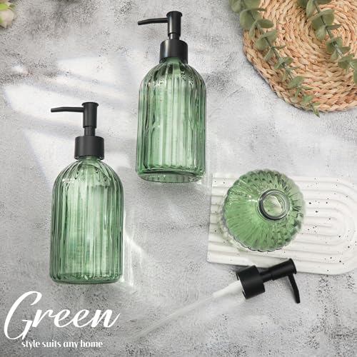 3 Pack Green Glass Soap Dispenser Set with Black Pump, 13.5oz Refillable Liquid Soap Dispenser, Premium Lotion & Dish Soap Bottle for Kitchen, Bathroom Vanity, Hotel Decor - color: Green Stripe*3