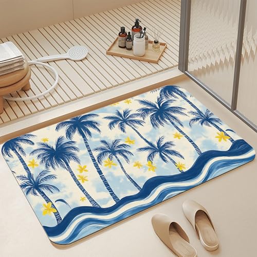 Bathroom Floor Mat,Blue Coconut Tree Bathroom Rugs,Quick Dry Watercolor Yellow Flower Diatomaceous Bath Mat,Non Slip Super Absorbent Soft Floor Mat for Home Kitchen Dorm Patio 17 X 29.5 Inch - color: Blue Coconut Tree