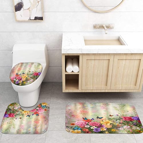 DDQQ 4-Piece Butterfly Floral Shower Curtain Set Botanical Aesthetic Flower Bathroom Set with Shower Curtain and Rugs, Cute Fun Decorative Bath Curtain with Hooks for Home Decor - color: Green