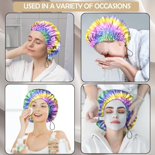 2 PCS Shower Cap Adjustable Reusable Double Waterproof Layer Elastic Hair Bath Cap Cute Aesthetic for Women Girls-Multicolour - color: I9-Multicolour