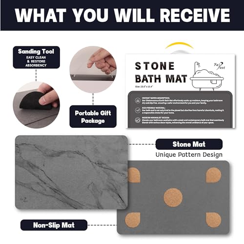 Stone Bath Mat,Diatomaceous Earth Shower Mat,Fast-Drying Stone Bathroom Floor Mat,Absorbent Non-Slip Diatomite Mats for Bathtub,Grey Marble - color: Grey Marble-24*16-1 Pack