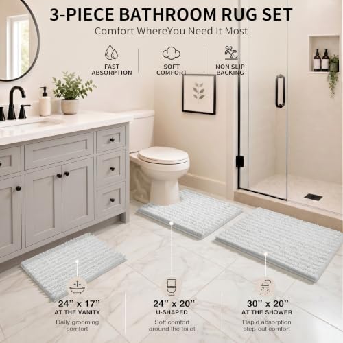Yimobra Bathroom Rug Set 3 Piece - Super Absorbent Quick Dry Chenille Bath Mats & Toilet Rug, Non Slip Machine Washable, Extra Thick Shaggy Floor Mat for Shower Tub Sink, White - color: White, size: 24"x17" + 24"x20" + 30"x20"