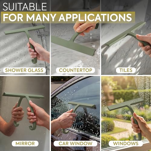 GÜTEWERK Shower Squeegee for Glass Doors – Bathroom Squeegee for Shower Glass & Tile Walls, Streak-Free & No-Squeak Silicone Blade, Stainless Steel Core, Hang Hook + Suction Cup, Green, 10 Inch - color: Green