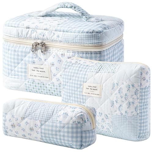 HBselect Quilted Makeup Bag, 3PCS Cotton Large Travel Makeup Bag, Cute Floral Coquette Make up Bag Cosmetic Bag Toiletry Bag for Women Girls - color: A-3PCS-Floral 38