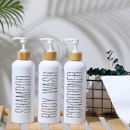 HOMCDALY Shampoo and Conditioner Dispenser, 16oz 3-Pack Refillable Shampoo and Conditioner Bottles, Empty Shampoo Bottles Refillable with Bamboo Pump, Bathroom Shower Shampoo Dispenser Set - color: White&bamboo Pump