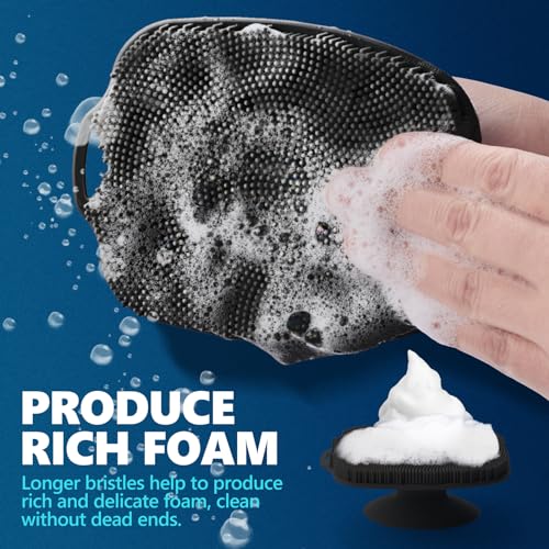Soft Silicone Body Scrubber, Gentle Like a Hand Exfoliating Your Skin and Build Up Lather Easily, Back Large Suction Cup Easy to Store, Long-Lasting & Deep Clean (Black) - color: Black