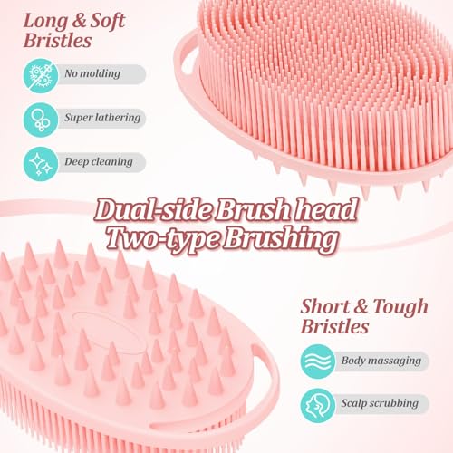 Soft Silicone Body Scrubber Set, 2PCS Dual-Side Silicone Loofah for Gentle Exfoliating and Scalp Massaging, Hygienic Shower Scrubber Shampoo Brush for Kids, Women, Sensitive Skin(Pinkx2) - color: Pink*2