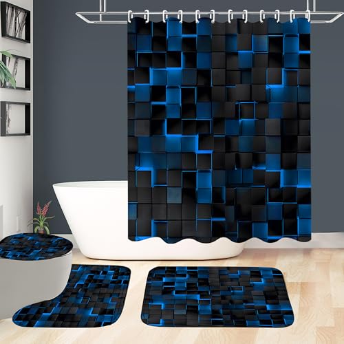 LQCOOL 4 Pcs Blue Shower Curtain Set with Rugs, 3D Cubes Modern Bathroom Set, Black Blue Polyester Shower Curtains for Bathroom with 12 Hooks, Toilet Lid Cover & U-Shaped Mat - color: Black Blue