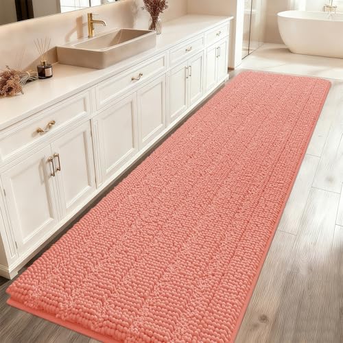 ACCUMTEK Striped Coral Bathroom Rug Mat 48"x20" Ultra Soft, Non Slip Chenille Bath Rugs, Absorbent Plush Shaggy Bath Mats for Bathroom, Bedroom, Kitchen, Shower, Tub - color: Coral, size: 1'8" x 3'11" (Runner)