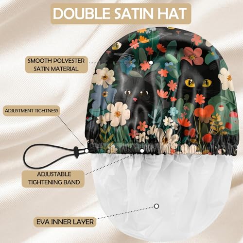 Shower Cap Adjustable Waterproof Double Layer Elastic Reusable Hair Bath Cap Cute Aesthetic for Women Girls-Cat Flower - color: R2-Cat Flower