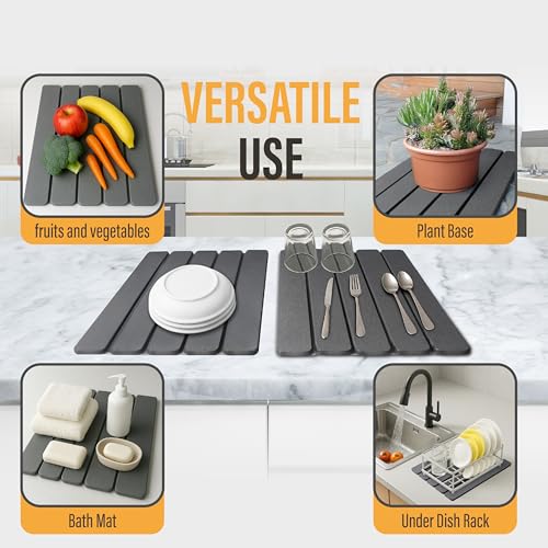 Large Foldable Stone Dish Drying Mat – Diatomaceous Earth, 12"x16" Each or 24"x16" Combined – Fast Dry, Anti-Slip Pad, Sanding Tool & Instruction Manual for Kitchen, Bathroom or RV (2-Pack)