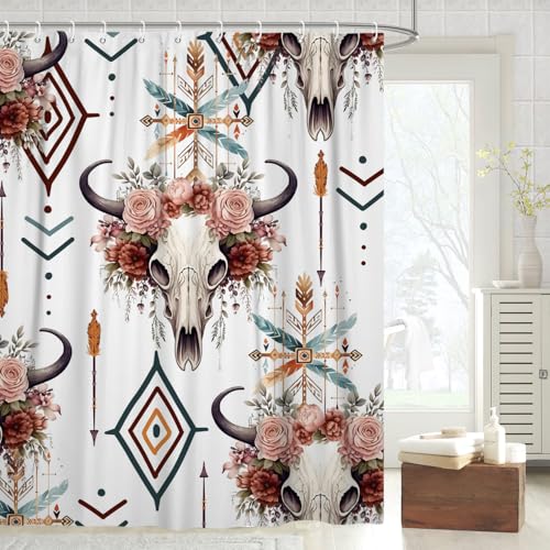 Fabric Shower Curtain with Hooks, Waterproof & Washable Polyester, Boho Western Aztec Cow Bull Skull Floral Shower Curtains for Bathroom, Retro Farmhouse Rustic Bathroom Curtain, 71x74 Inch - color: Boho Bull Skull