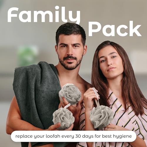 MainBasics Shower Loofah Sponge Pouf, Set of 3, Totally Taupe | Soft Mesh Body Scrubber and Bath Sponge for Gentle Exfoliation, Rich Lather, and Everyday Shower Use - style: Totally Taupe