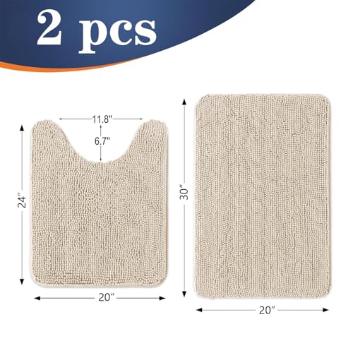 OLANLY Bathroom Rugs Sets 2 Piece, Soft Absorbent Chenille Bath Mats and U-Shaped Contour Toilet Mat Area Rug Set, Machine Washable Bath Carpet, Home Decor Accessories(30"x20"+24"x20", Sand) - color: Sand, size: 30" X 20" + U24" X 20"