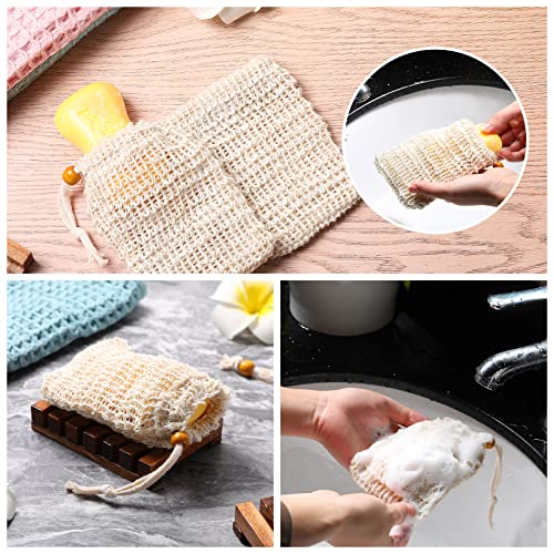 Mumufy 12 Pcs Wood Soap Dish and Exfoliating Bag Set 4.5 x 3.35 x 0.87 inches Self Draining Soap Saver Wood Tray for Bathroom Shower Travel(Brown,Bamboo) - color: Brown