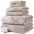 Modern Threads Charlize 6-Piece 100% Cotton Towel Set – Reversible Yarn Dyed Jacquard & Solid – Includes 2 Bath Towels, 2 Hand Towels, 2 Washcloths – Absorbent, Quick Dry, Soft & Durable – Fawn - color: Fawn, style: Fancy Medallion