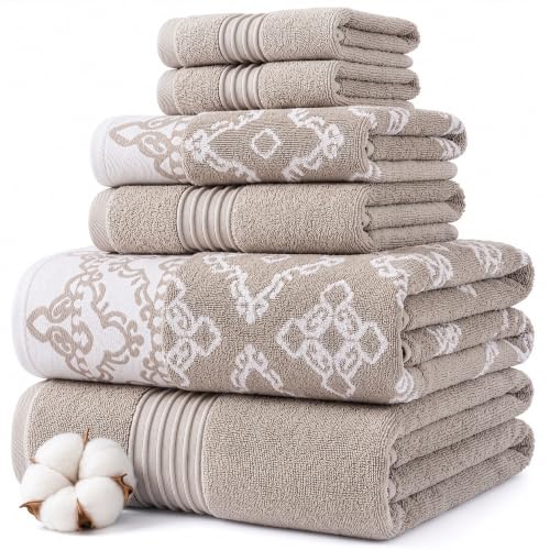 Modern Threads Charlize 6-Piece 100% Cotton Towel Set – Reversible Yarn Dyed Jacquard & Solid – Includes 2 Bath Towels, 2 Hand Towels, 2 Washcloths – Absorbent, Quick Dry, Soft & Durable – Fawn - color: Fawn, style: Fancy Medallion