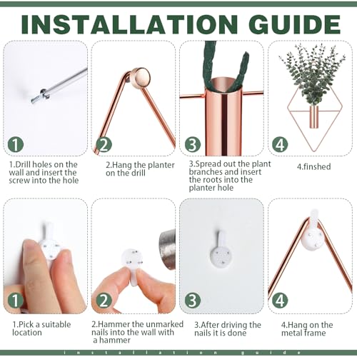 Jexine 4 Pcs Hanging Planters with Artificial Eucalyptus Metal Hanging Vase Indoor Plants Holder Modern Geometric Boho Bathroom Wall Decor for Living Room Home Office (Eucalyptus,Rose Gold) - color: Rose Gold, size: Eucalyptus