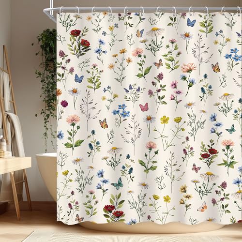 Vintage Floral Shower Curtain 72Wx78H Inch Long Rustic Spring Wildflower Botanical Flower Pretty Cute Herbs Butterfly Bathroom Set Elegant Aesthetic Bath Curtain Bathtub Accessories Home Decor - color: D 01 Beige, size: 72"W x 78"L (Pack of 1)