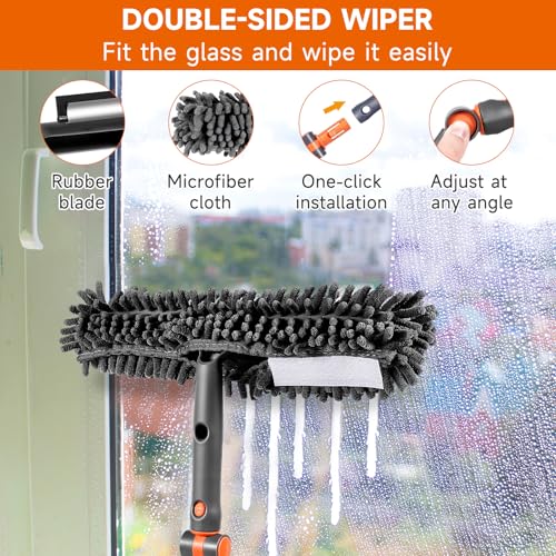 Chabatree Window Squeegee Cleaner Set 2-in-1 Window Cleaning Tool with Extendable Pole, Window Cleaning kit with Bendable Head for Indoor & Outdoor Glass for Car Indoor Outdoor High Windows - color: Grey Squeegee（with 4 Cleaning Cloth）