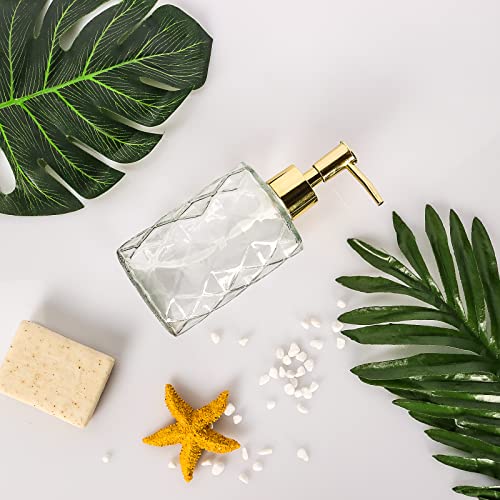 Crystal Glass Soap Dispenser, 330ml/11oz. Clear Glass Lotion Soap Dispenser with Gold Pump, Crystal Design Reusable Hand Soap Dispenser for Kitchen Dish Soap, Shower Gel, Shampoo(Gold Plating Pump) - color: White&gold
